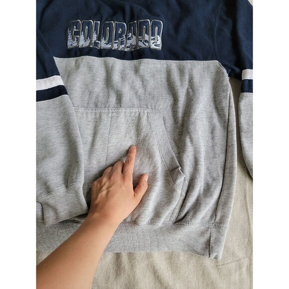 Renegade Mens L Hoodie Colorado Embroidered Trees Colorblock Blue Grey Pocket - Picture 13 of 16